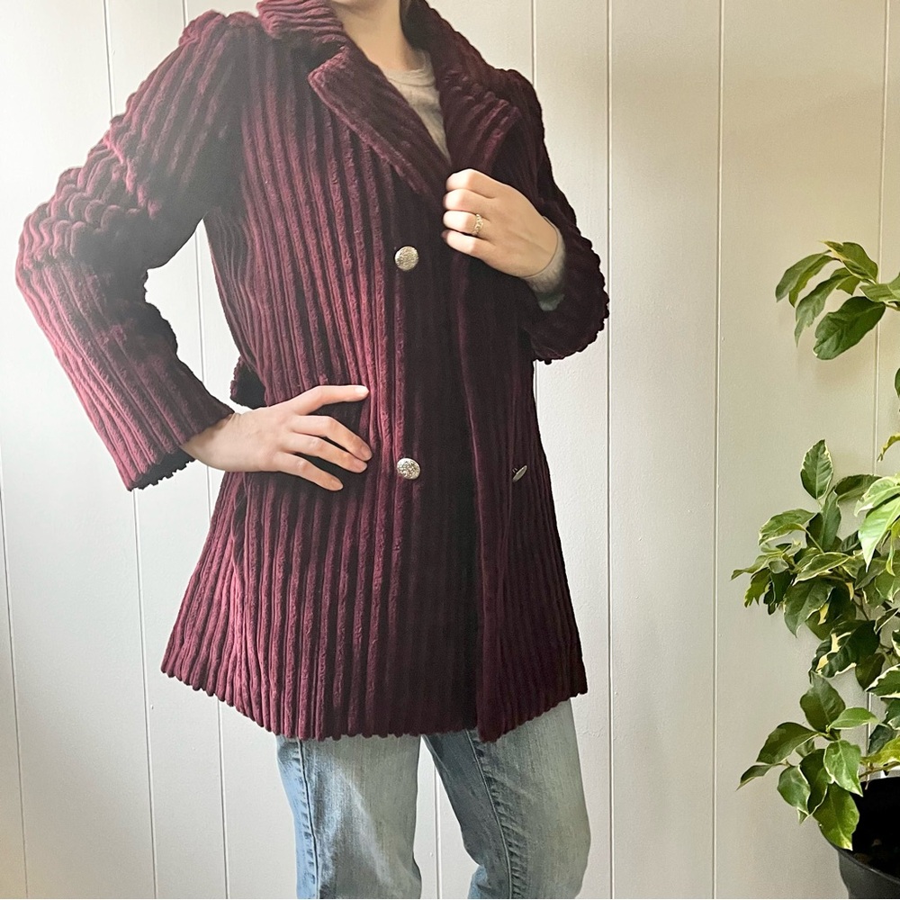 Vintage Women's Ribbed Pea Coat - Burgundy